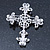Statement Clear & AB Austrian Crystal Filigree Cross Brooch/ Pendant In Silver Tone Metal - 58mm Length - view 3