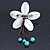Handmade White Shell Flower With Turquoise Bead Dangle Brooch - 95mm Length - view 2