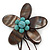 Handmade Slate Black Shell Flower With Turquoise Bead Dangle Brooch - 95mm Length - view 2