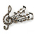 Antique Silver Grey, Hematite Crystal 'Musical Notes' Brooch - 50mm Length