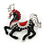 Black/ Red Enamel, Crystal Horse Brooch In Silver Tone - 48mm Across