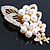 Bridal White Faux Pearl, Clear Austrian Crystal Floral Brooch In Gold Tone - 75mm L - view 3