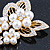 Bridal White Faux Pearl, Clear Austrian Crystal Floral Brooch In Gold Tone - 75mm L - view 4