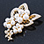 Bridal White Faux Pearl, Clear Austrian Crystal Floral Brooch In Gold Tone - 75mm L - view 5