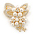 Bridal White Faux Pearl, Clear Austrian Crystal Floral Brooch In Gold Tone - 75mm L - view 2