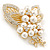 Bridal White Faux Pearl, Clear Austrian Crystal Floral Brooch In Gold Tone - 75mm L - view 7