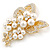 Bridal White Faux Pearl, Clear Austrian Crystal Floral Brooch In Gold Tone - 75mm L - view 9