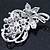 Bridal/ Wedding White Faux Pearl, Clear Crystal Floral Brooch In Silver Tone -  65mm L - view 5
