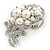 Bridal/ Wedding White Faux Pearl, Clear Crystal Floral Brooch In Silver Tone -  65mm L - view 7