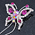 Fuchsia, Clear Crystal Butterfly With Dangling Tail Brooch In Silver Tone - 95mm L - view 5