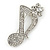 Silver Tone Clear Crystal Musical Note Brooch - 40mm L - view 1