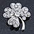 Silver Tone Clear Crystal Clover Brooch - 35mm L - view 4