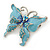 Sky Blue Enamel Crystal Butterfly Brooch In Rhodium Plating - 50mm W - view 2