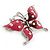 Pink Enamel Crystal Butterfly Brooch In Rhodium Plating - 55mm W - view 3