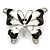 Black/ White Enamel Crystal Butterfly Brooch In Rhodium Plating - 50mm W - view 1