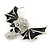 Black Enamel, Clear Crystal Skull with Bat Wings Brooch In Silver Tone - 65mm Across - view 3
