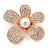 Clear Austrian Crystal, Pearl Asymmetrical Flower Brooch In Rose Gold Tone - 50mm Across