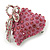 Romantic Pink Crystal Heart with Bow Brooch In Rhodium Plating - 35mm L - view 3