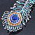 Large Stunning Crystal Peacock Feather Brooch In Rhodium Plating (Teal/ Blue/ Orange) - 11cm L - view 8