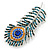 Large Stunning Crystal Peacock Feather Brooch In Rhodium Plating (Teal/ Blue/ Orange) - 11cm L - view 2
