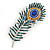 Large Stunning Crystal Peacock Feather Brooch In Rhodium Plating (Teal/ Blue/ Orange) - 11cm L - view 9