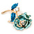 Romantic Light Blue/ Teal Crystal Rose Flower Brooch In Gold Plating - 52mm L - view 2