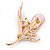 Pink/ Fuchsia Enamel Cat's Eye Stone Flower Brooch In Gold Tone - 50mm L - view 6