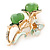 Mint Enamel, Crystal With Green Glass Stones Floral Brooch In Gold Plating - 45mm L - view 3