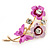 Pink/ Fuchsia Enamel, Crystal Flowers and Butterfly Brooch In Gold Tone - 50mm L - view 2