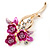 Pink/ Fuchsia Enamel, Crystal Triple Flower Brooch In Gold Tone - 55mm L - view 2