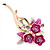 Pink/ Fuchsia Enamel, Crystal Triple Flower Brooch In Gold Tone - 55mm L - view 5