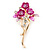 Pink/ Fuchsia Enamel, Crystal Triple Flower Brooch In Gold Tone - 55mm L - view 3
