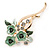 Mint/ Dark Green Enamel, Crystal Triple Flower Brooch In Gold Tone - 55mm L - view 3