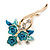 Teal/ Light Blue Enamel, Crystal Triple Flower Brooch In Gold Tone - 55mm L - view 5