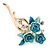 Teal/ Light Blue Enamel, Crystal Triple Flower Brooch In Gold Tone - 55mm L - view 2