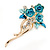 Teal/ Light Blue Enamel, Crystal Triple Flower Brooch In Gold Tone - 55mm L