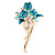 Teal/ Light Blue Enamel, Crystal Triple Flower Brooch In Gold Tone - 55mm L - view 4