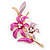 Fuchsia/ Pink Enamel, Crystal Double Flower Brooch In Gold Plating - 62mm L - view 2
