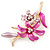 Fuchsia/ Pink Enamel, Crystal Double Flower Brooch In Gold Plating - 62mm L - view 3
