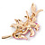 Fuchsia/ Pink Enamel, Crystal Double Flower Brooch In Gold Plating - 62mm L - view 4