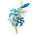 Teal/ Light Blue Enamel, Crystal Double Flower Brooch In Gold Plating - 62mm L