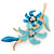 Teal/ Light Blue Enamel, Crystal Double Flower Brooch In Gold Plating - 62mm L - view 3
