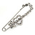Clear Crystal Heart and Flower Safety Pin Brooch In Silver Tone - 50mm L