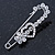 Clear Crystal Heart and Flower Safety Pin Brooch In Silver Tone - 50mm L - view 2
