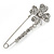 Clear Crystal Clover Safety Pin Brooch In Silver Tone - 55mm L