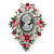 Pink/ Green Floral Cameo Brooch In Silver Tone - 70mm L