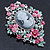 Pink/ Green Floral Cameo Brooch In Silver Tone - 70mm L - view 7