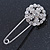 Clear Crystal Flower Safety Pin Brooch In Silver Tone - 55mm L - view 2