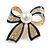 Gold Tone, Navy Blue Enamel, Crystal, Pearl Bow Brooch - 40mm L - view 2