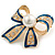 Gold Tone, Navy Blue Enamel, Crystal, Pearl Bow Brooch - 40mm L - view 3